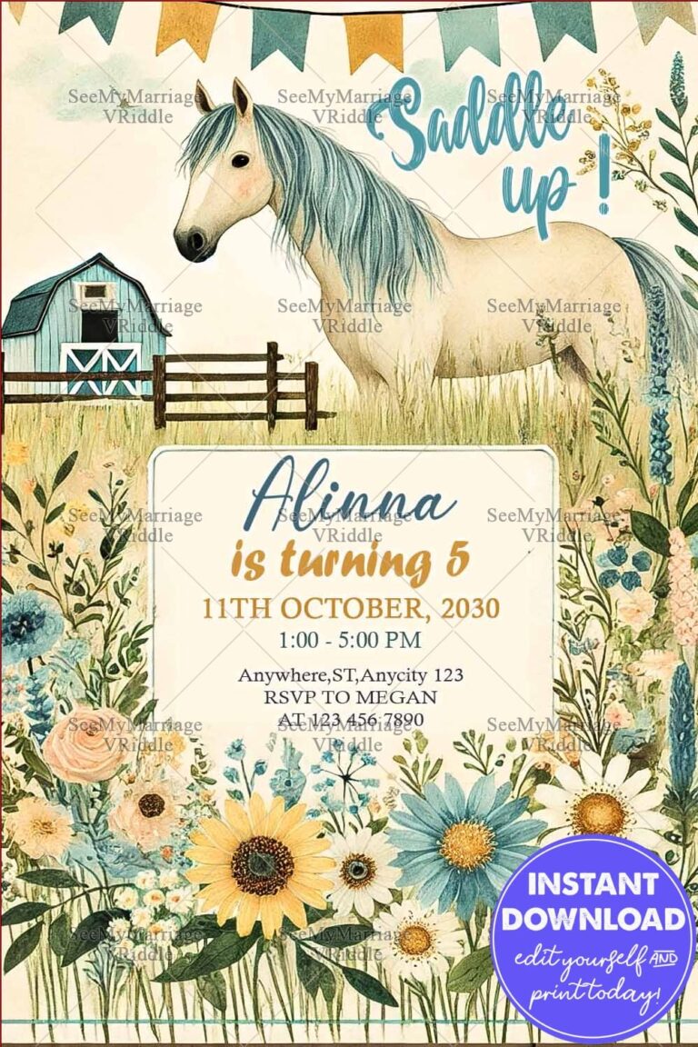 Rustic Horse-Themed 5th Birthday Invitation with Vibrant Florals and Countryside Charm
