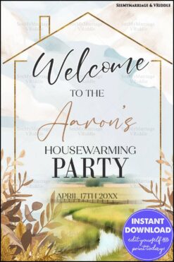 Rustic Housewarming Party Invitation with Golden Outline and Scenic Countryside Illustration