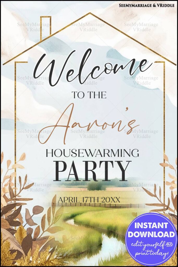 Rustic Housewarming Party Invitation with Golden Outline and Scenic Countryside Illustration