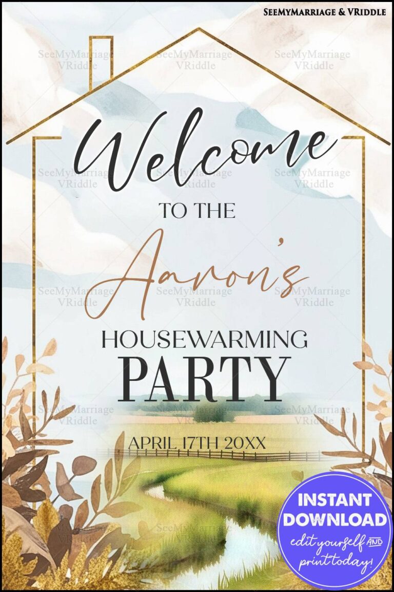 Rustic Housewarming Party Invitation with Golden Outline and Scenic Countryside Illustration