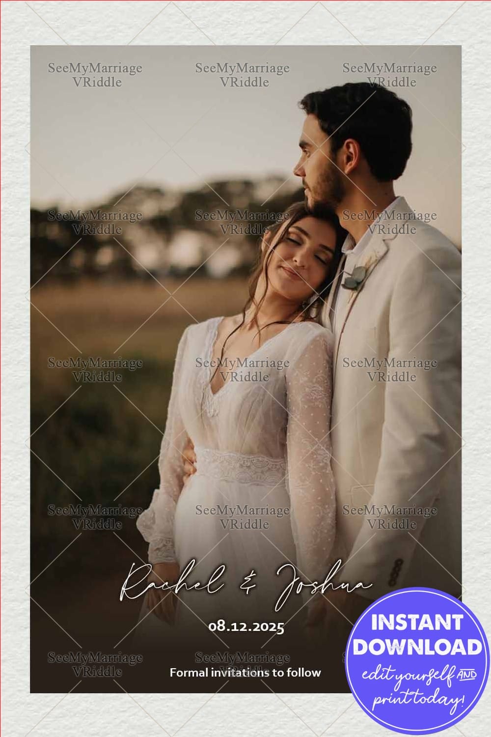 Save the Date Announcement Featuring a Couple's Portrait with Natural Tones and Elegant Fonts