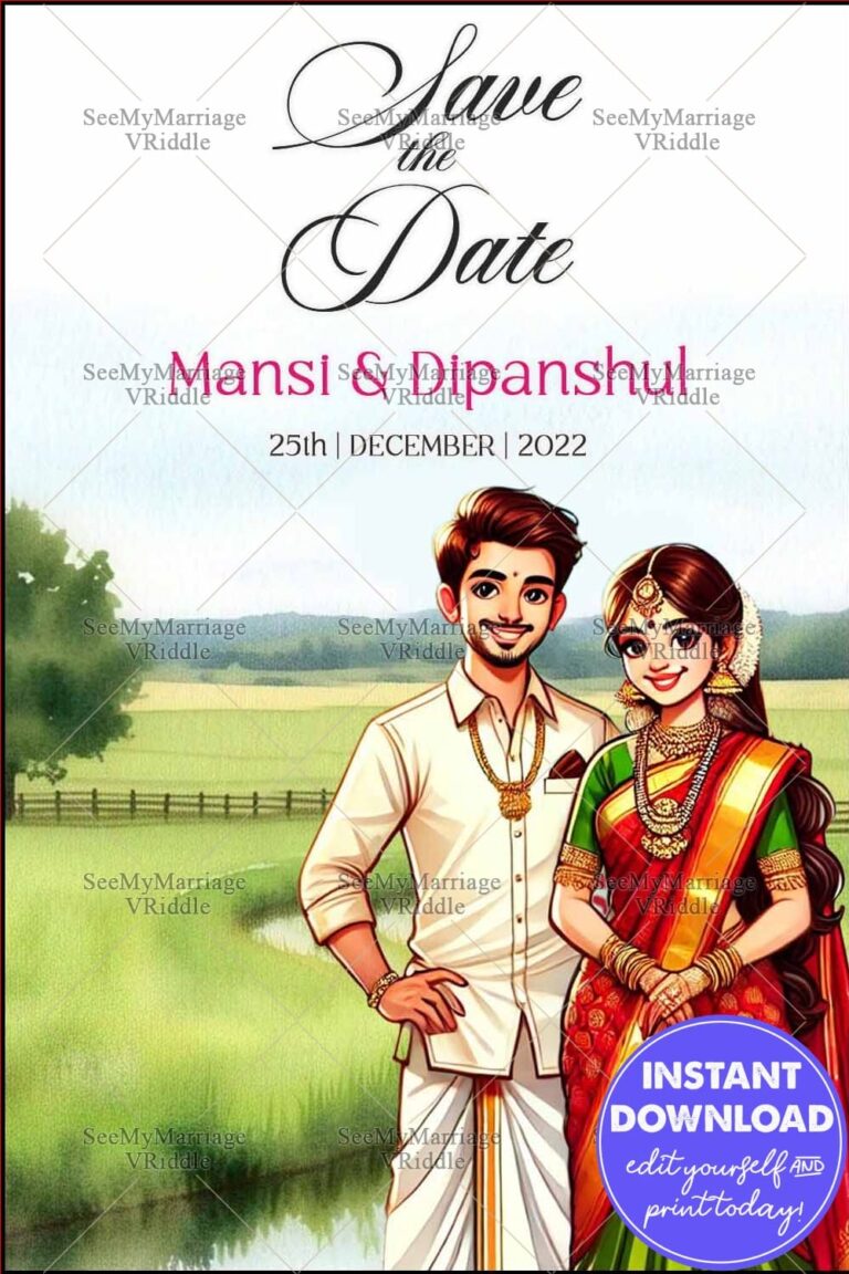 Save the Date Card Featuring Traditional Indian Couple and Scenic Countryside Backdrop