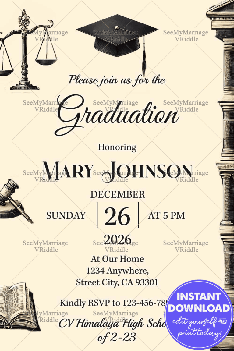Scholar-Themed Graduation Invitation with Scales of Justice, Graduation Cap, Book and Vintage Pillar Border