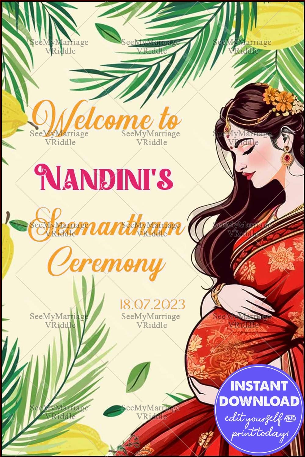 Seemantham Ceremony Welcome Banner with Tropical Leaves and Graceful Expectant Mother Illustration