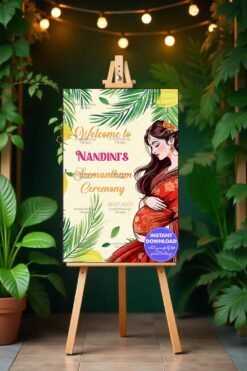 Seemantham Ceremony Welcome Banner with Tropical Leaves and Graceful Expectant Mother Illustration