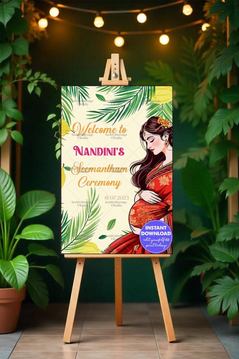 Seemantham Ceremony Welcome Banner with Tropical Leaves and Graceful Expectant Mother Illustration