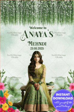 Serene Green Mehndi Welcome Banner with Elegant Bride Illustration and Cascading Foliage