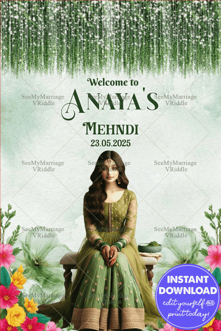 Serene Green Mehndi Welcome Banner with Elegant Bride Illustration and Cascading Foliage