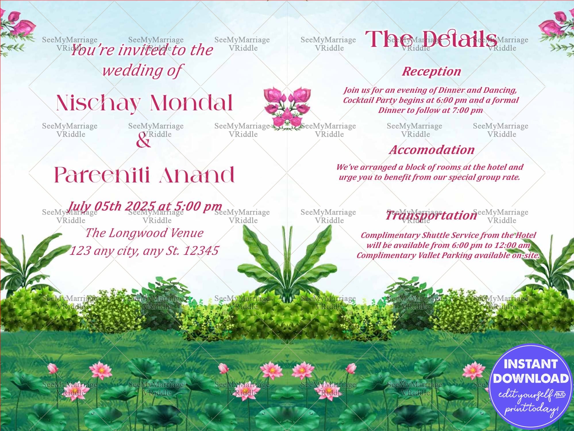 Serene Lotus-Themed Outdoor Wedding Invitation with Detailed Reception and Accommodation Info
