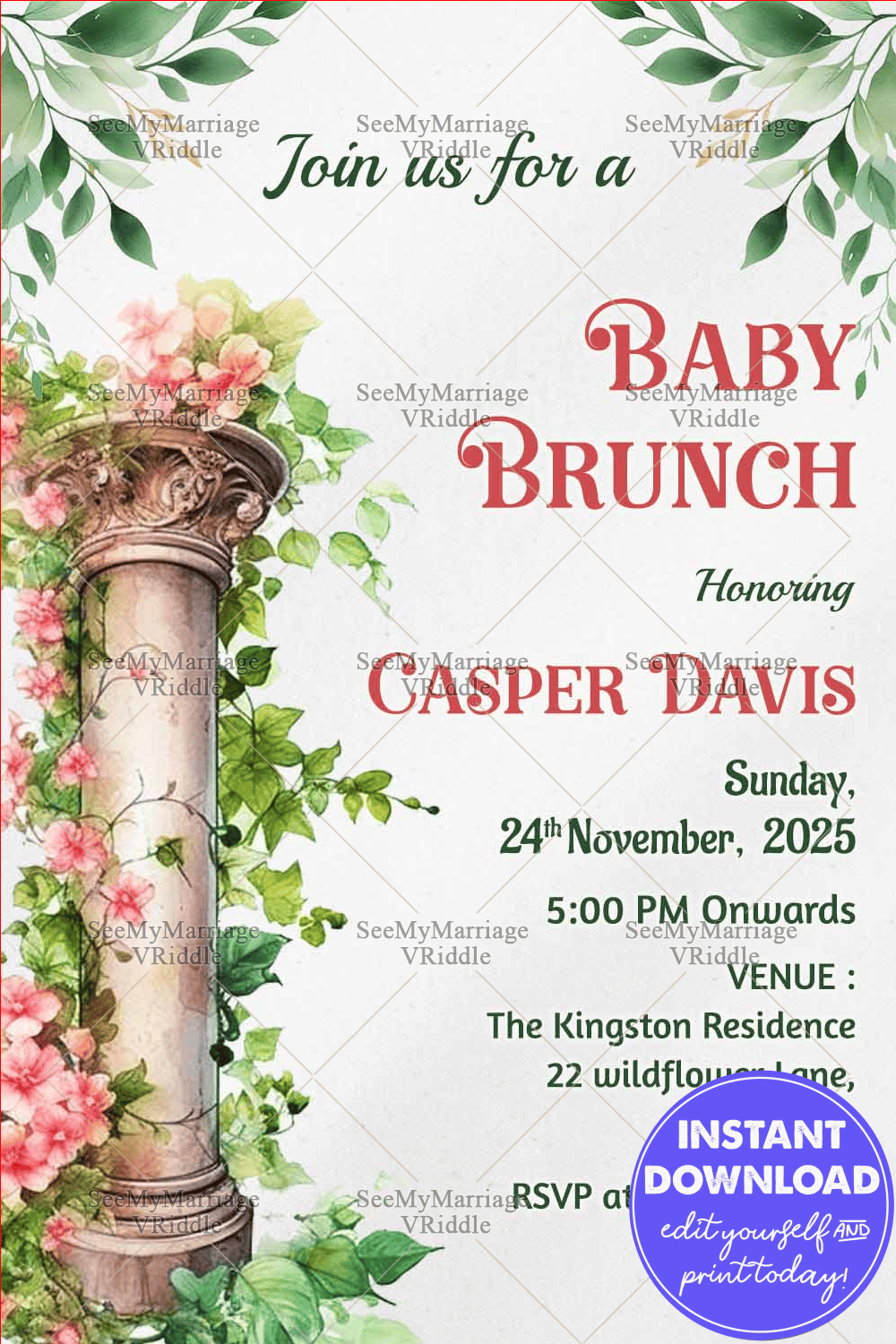 Soft Pink Baby Brunch Invitation Featuring Floral Accents and Classical Pillar Illustration
