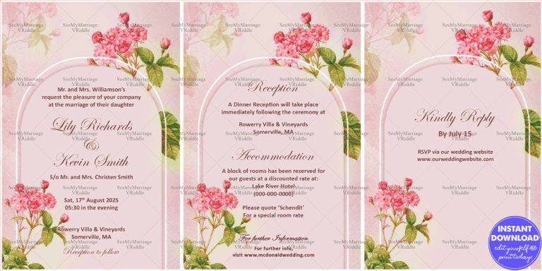 Soft Pink Florals Wedding Invitation with Reception and Accommodation Details and QR Code RSVP