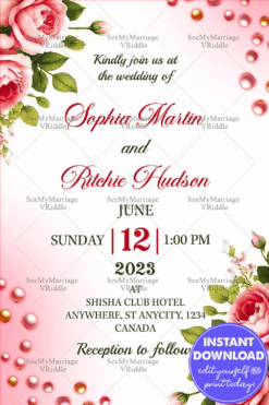 Soft Pink Roses Wedding Invitation with Pearl Accents and Elegant Typography