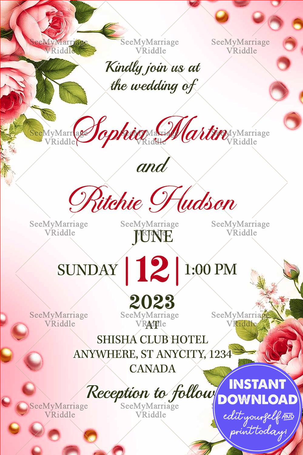 Soft Pink Roses Wedding Invitation with Pearl Accents and Elegant Typography