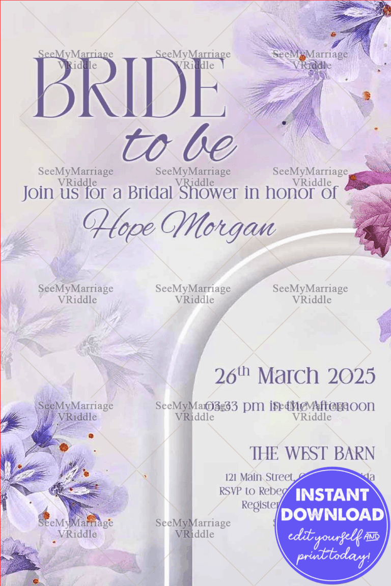 Soft Purple-Themed Bridal Shower Invitation with Floral Illustrations and a Minimalistic White Background