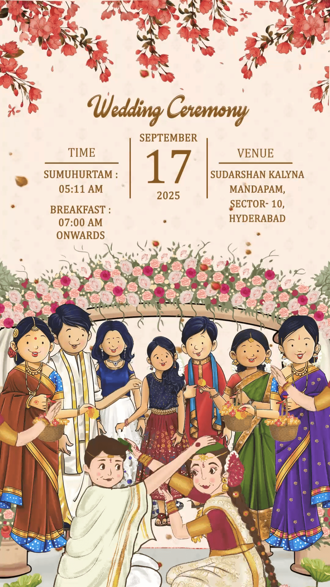 South Indian Wedding Invitation Video with Joyful Family Illustrations