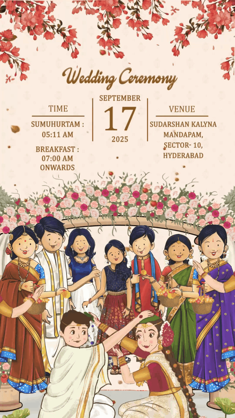 South Indian Wedding Invitation Video with Joyful Family Illustrations