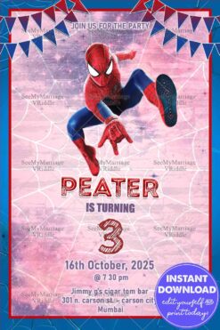 Spiderman-Themed 3rd Birthday Invitation with Starry Background and Action-Packed Design