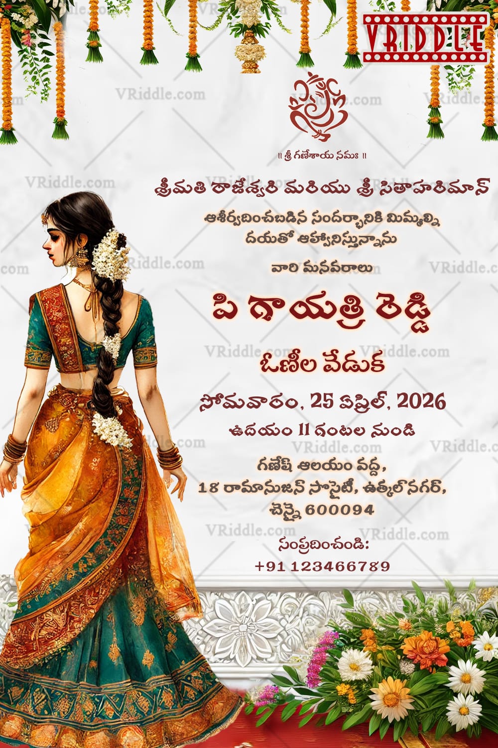 Spiritual Voni Invitation Card with Decorative Flower Accents