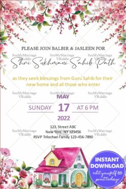 Sri Sukhmani Sahib Path for House Warming Invitation with Floral Frames and Pink House Illustration