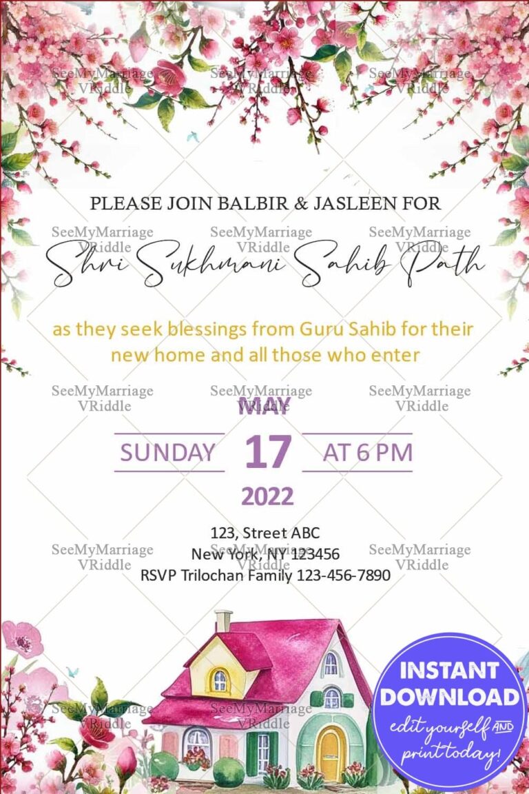 Sri Sukhmani Sahib Path for House Warming Invitation with Floral Frames and Pink House Illustration