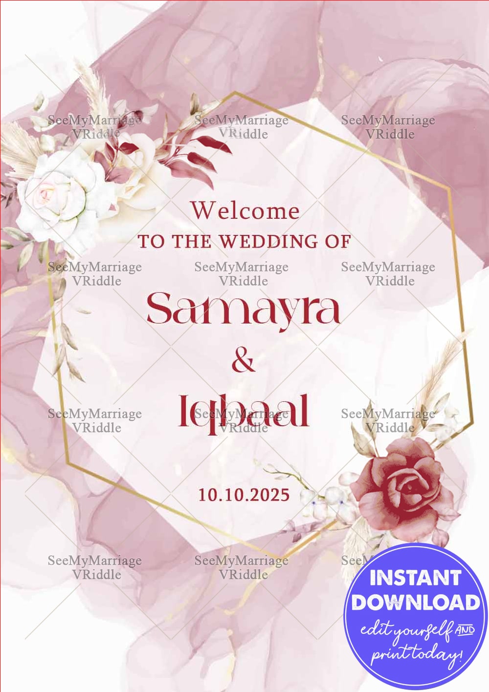 Stylish Mauve Wedding Invitation Banner with Gold Frame and Subtle Rose Motifs