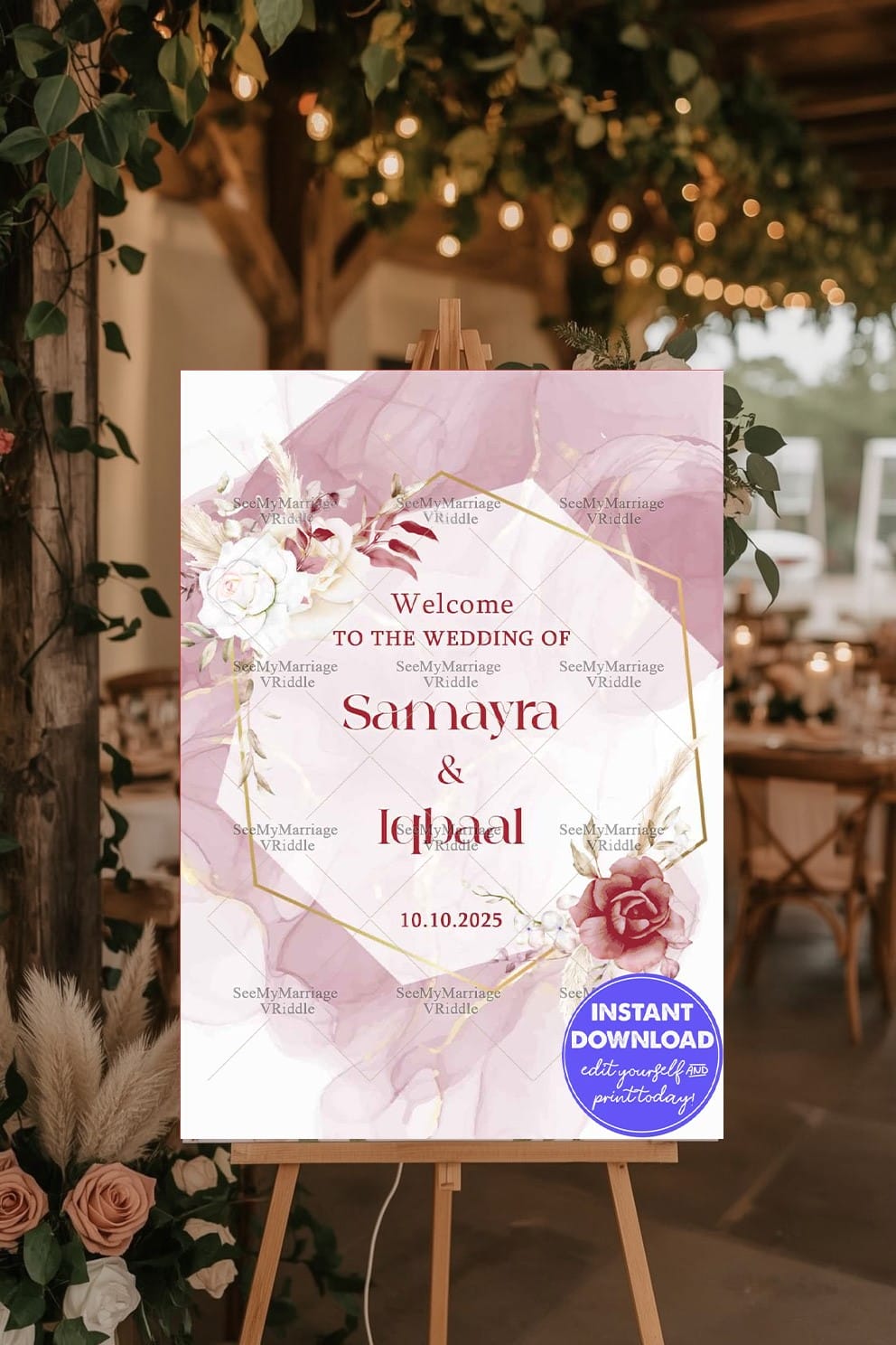 Stylish Mauve Wedding Invitation Banner with Gold Frame and Subtle Rose Motifs