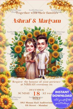 Sunflower-Themed Nikkah Ceremony Invitation with Traditional Couple Illustration and Elegant Details