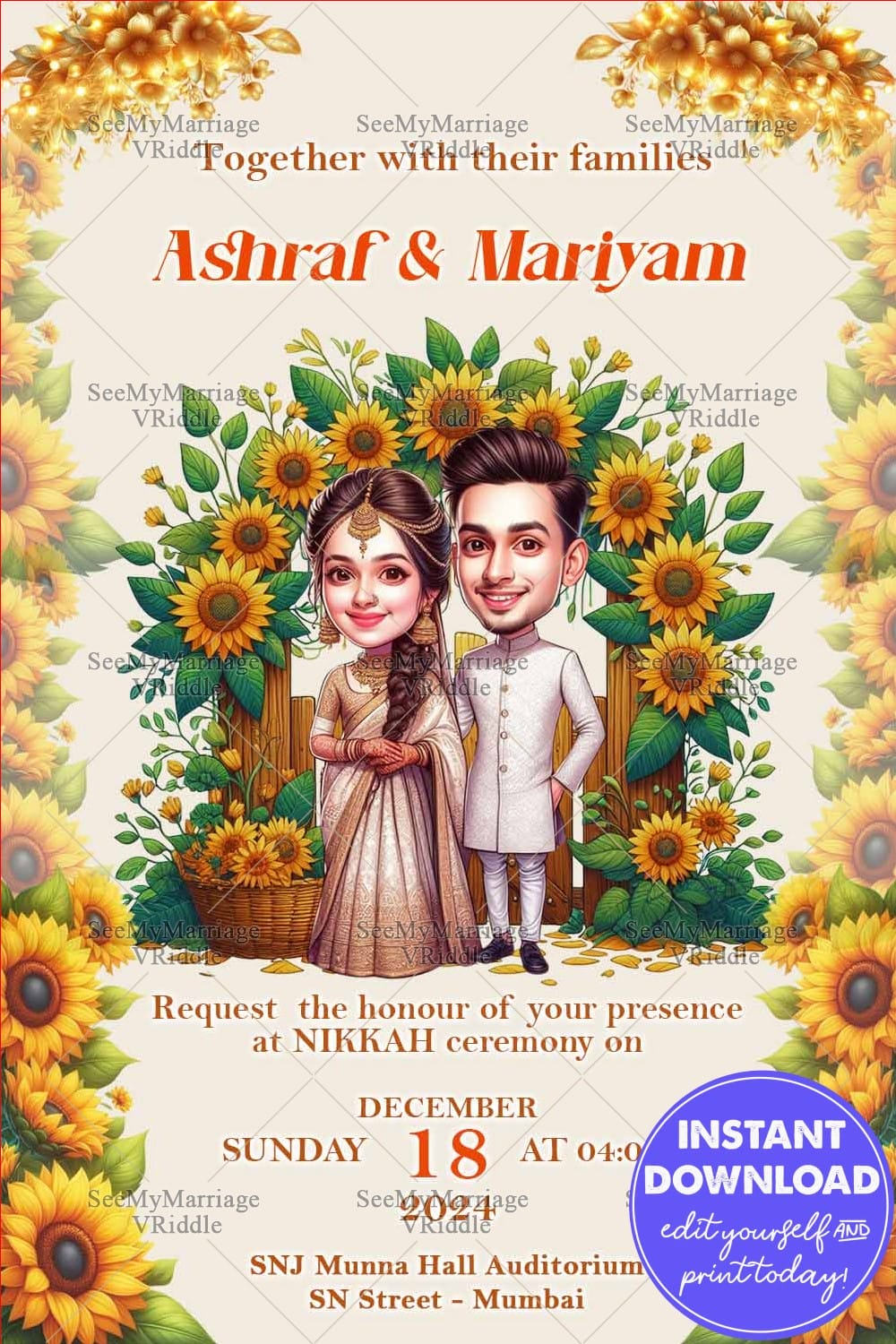 Sunflower-Themed Nikkah Ceremony Invitation with Traditional Couple Illustration and Elegant Details
