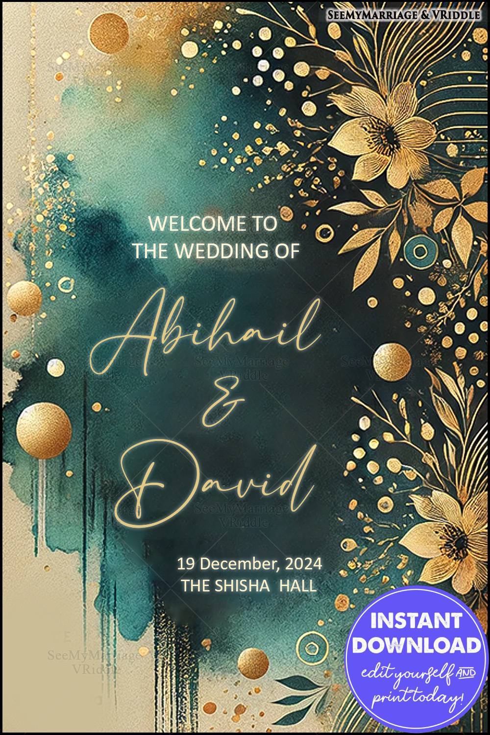 Teal and Gold Wedding Welcome Banner with Abstract Watercolor Design and Elegant Floral Accents