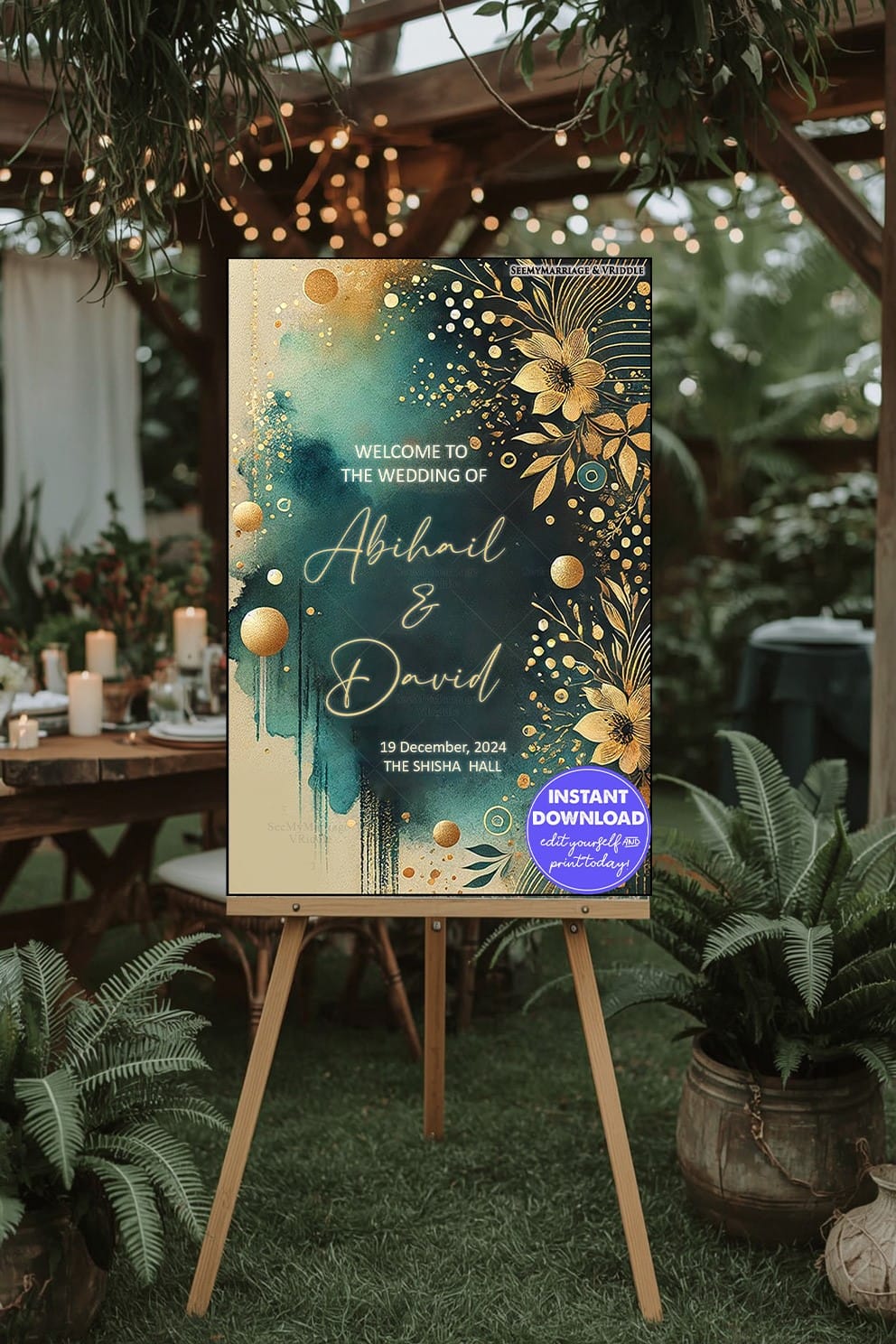 Teal and Gold Wedding Welcome Banner with Abstract Watercolor Design and Elegant Floral Accents