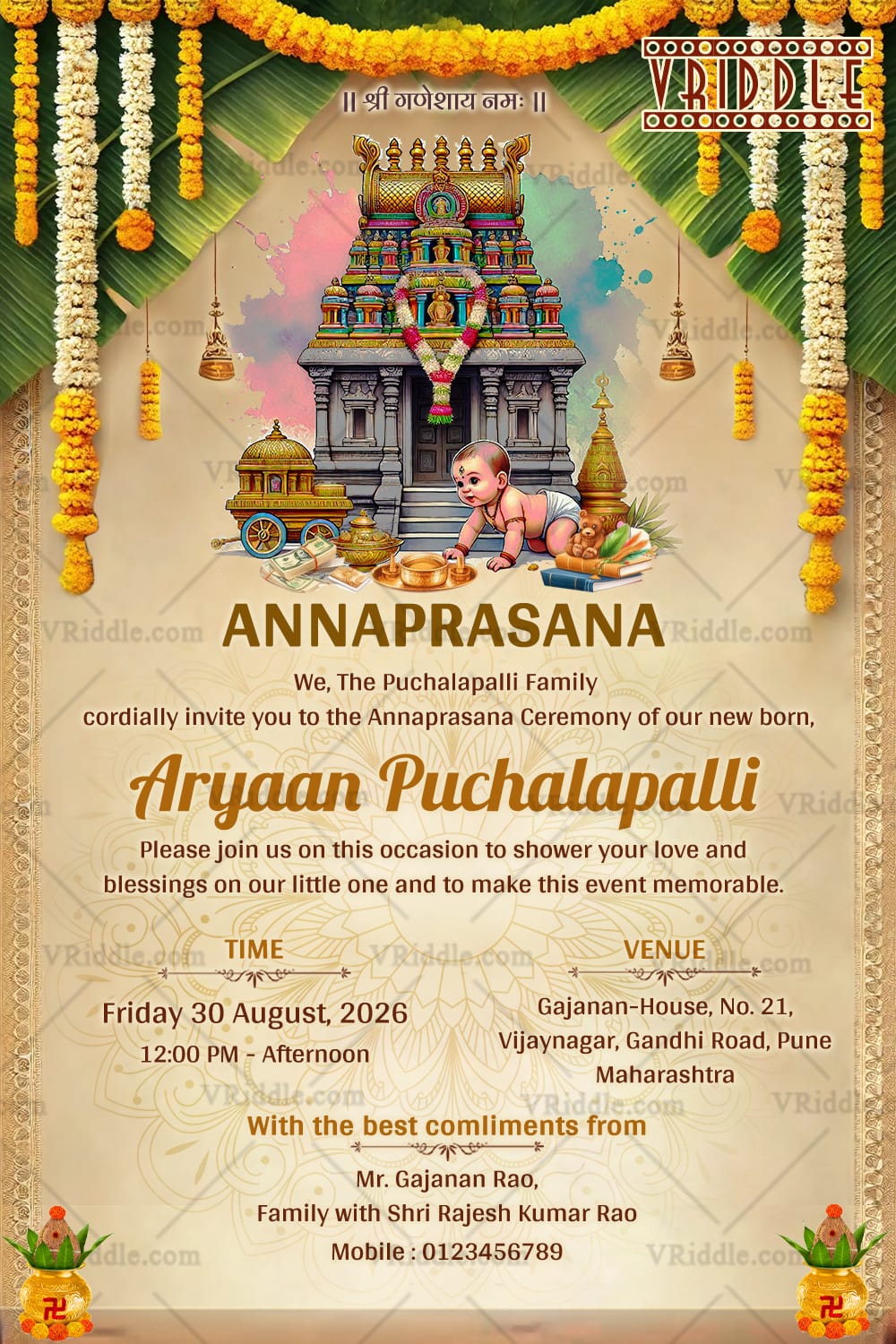 Temple Backdrop Annaprasana Ceremony Invitation With Featuring Marigold Decor