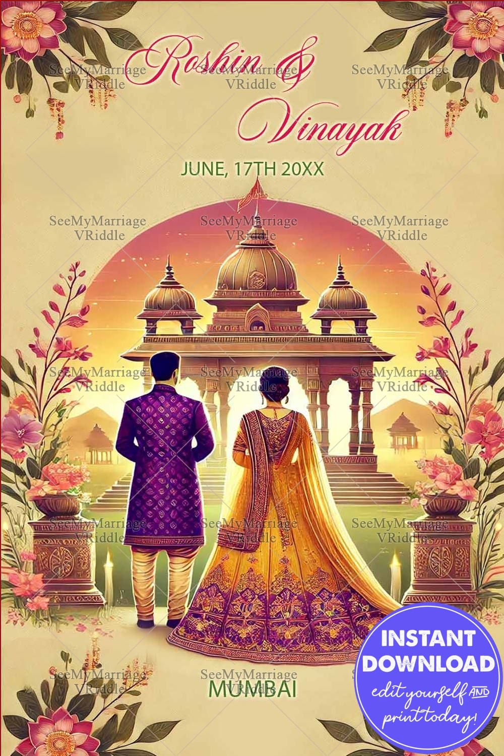 Temple-Themed Wedding Banner with Golden Sunset, Couple Illustration and Floral Accents