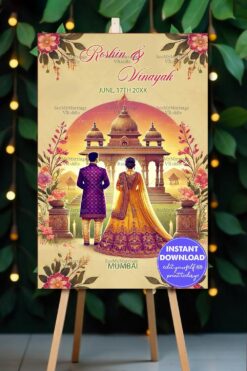 Temple-Themed Wedding Banner with Golden Sunset, Couple Illustration and Floral Accents