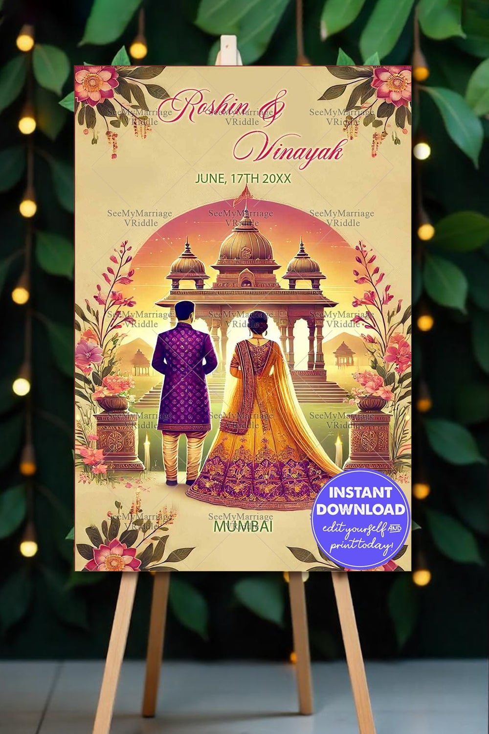 Temple-Themed Wedding Banner with Golden Sunset, Couple Illustration and Floral Accents