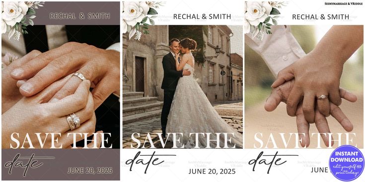 Three Elegant Save the Date Posters with Floral Accents and Romantic Portrait