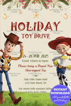 Toy Story-Themed Holiday Toy Drive with Cowboy and Cowgirl Illustration and Festive Greenery Accents