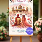 Traditional Anand Karaj Welcome Banner/Sign with Sikh Couple Illustration and Golden Temple Background
