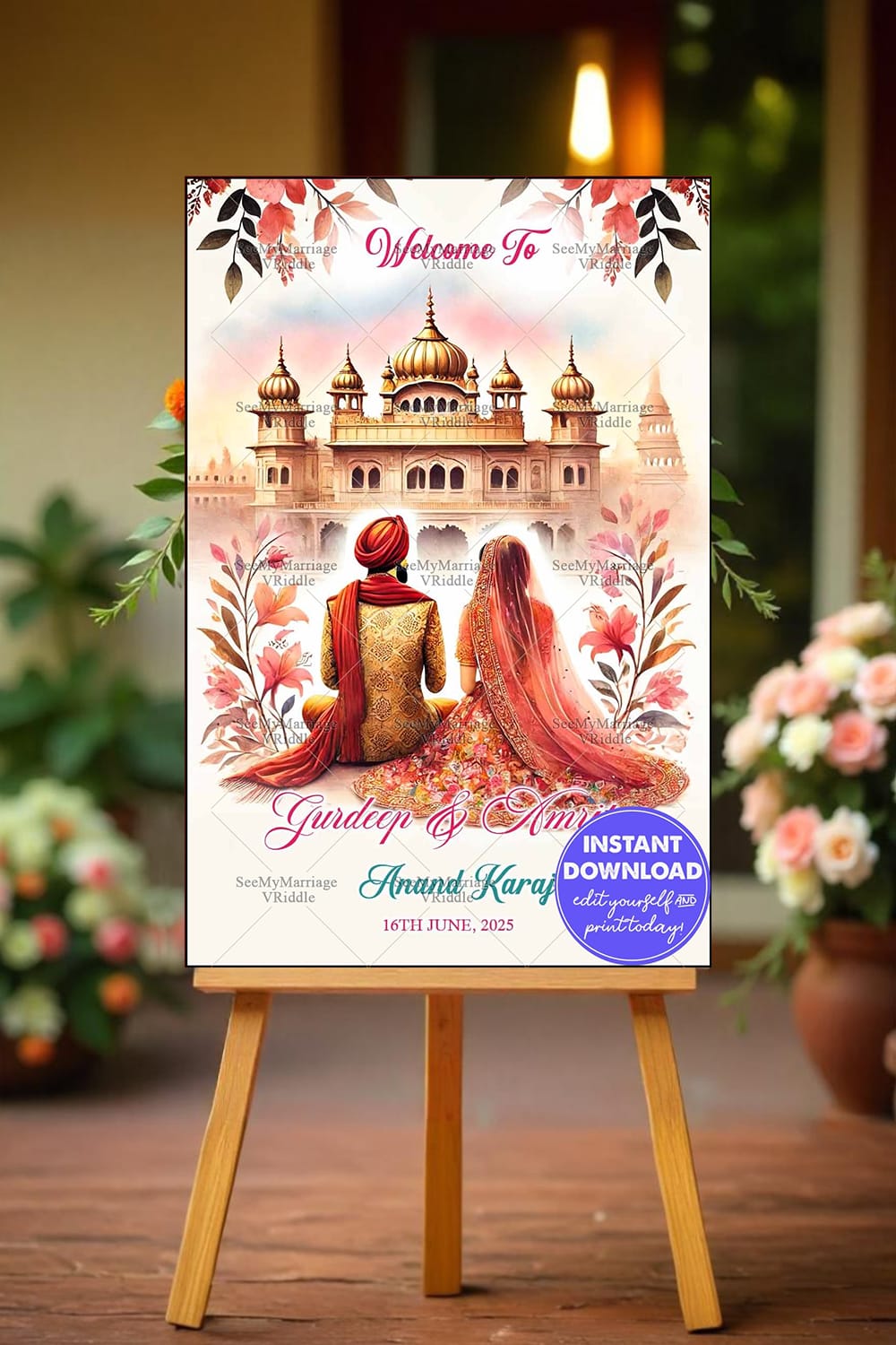 Traditional Anand Karaj Welcome Banner Sign with Sikh Couple Illustration and Golden Temple Background Mockup