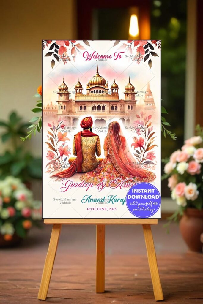 Traditional Anand Karaj Welcome Banner/Sign with Sikh Couple Illustration and Golden Temple Background