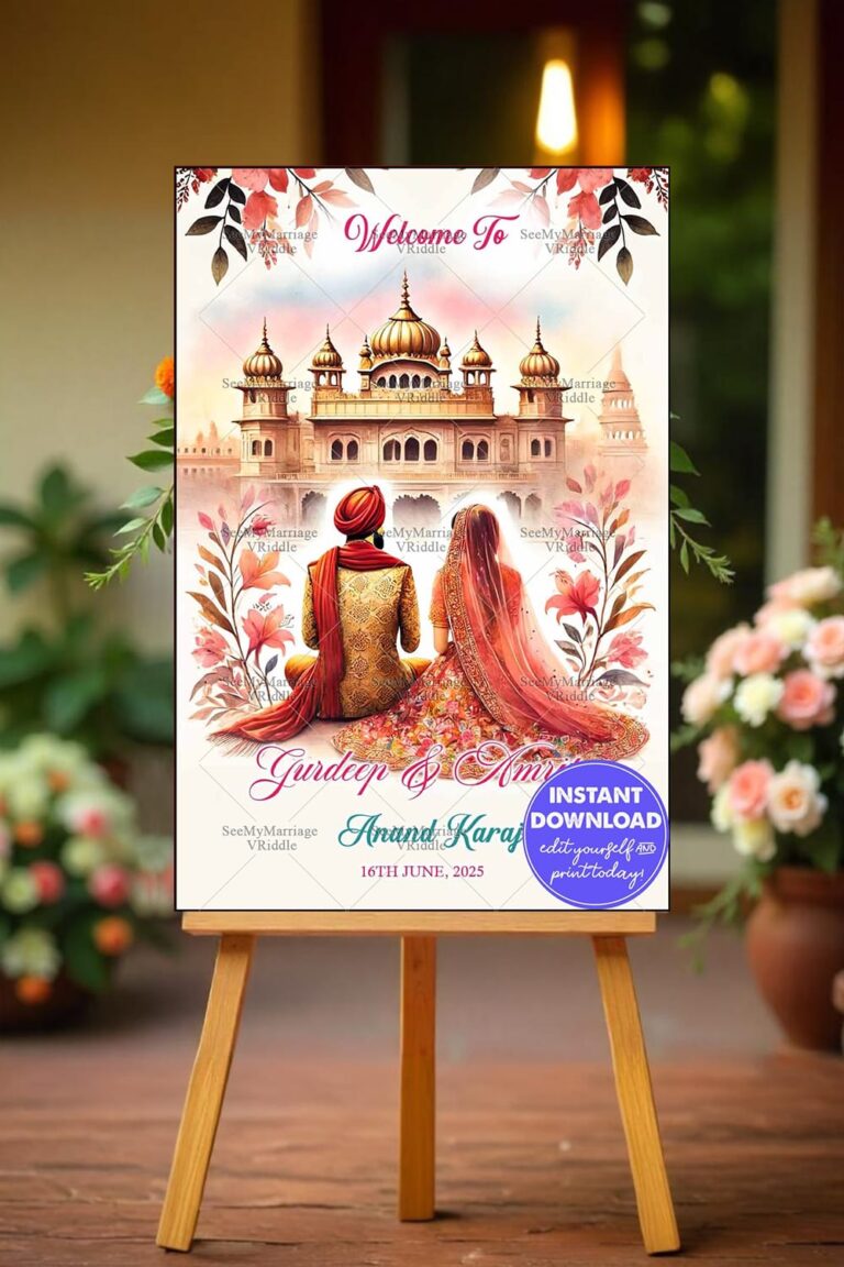 Traditional Anand Karaj Welcome Banner/Sign with Sikh Couple Illustration and Golden Temple Background