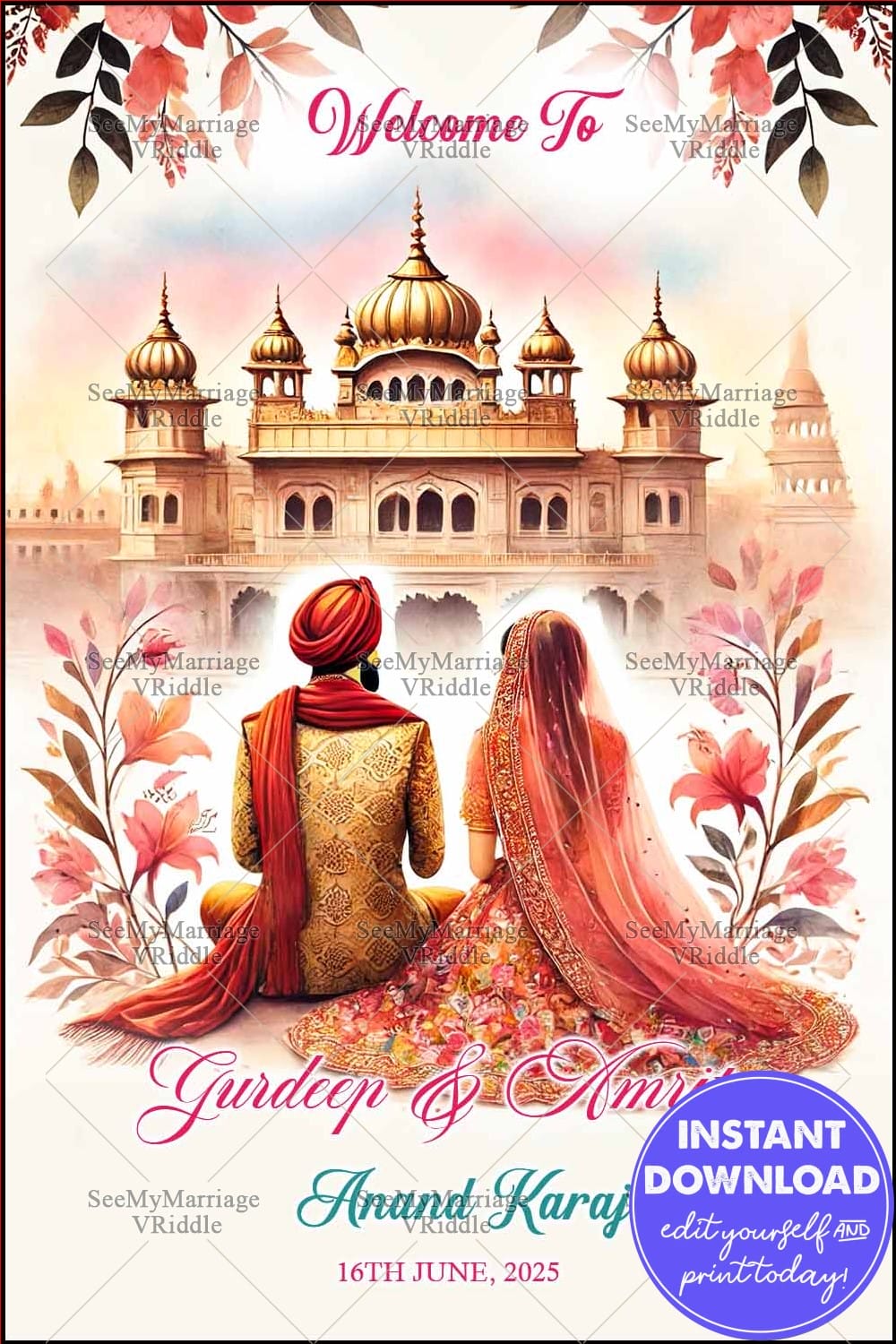 Traditional Anand Karaj Welcome BannerSign with Sikh Couple Illustration and Golden Temple Background
