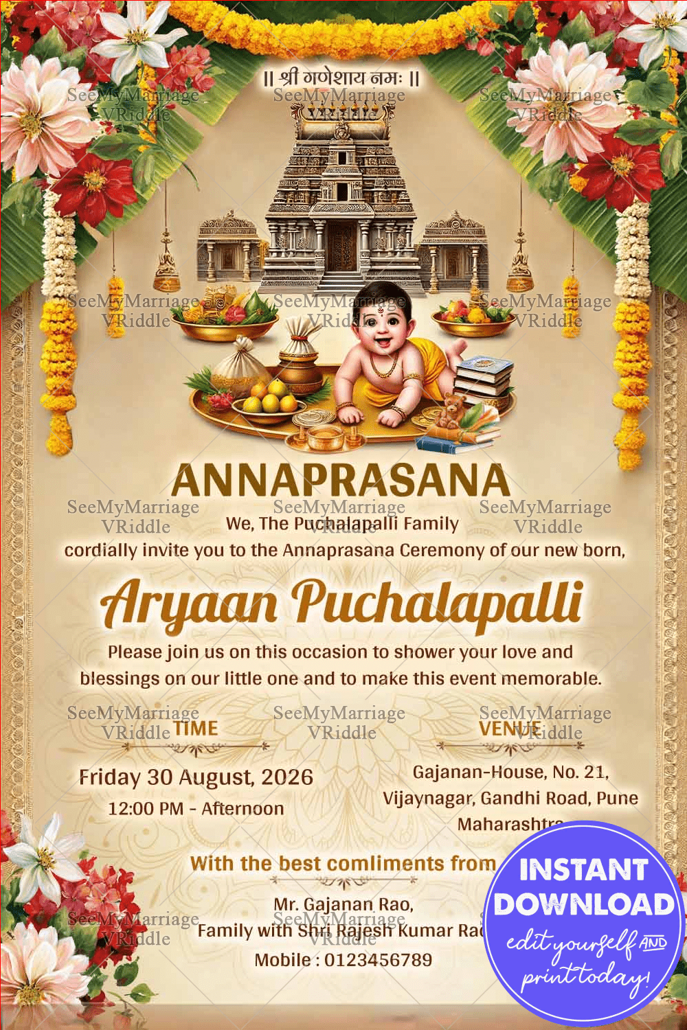 Traditional Annaprasana Invitation with Cute Baby Illustration, Temple Backdrop and Floral Decor