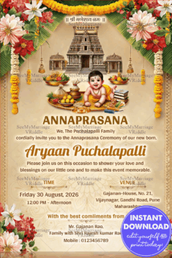 Traditional Annaprasana Invitation with Cute Baby Illustration, Temple Backdrop and Floral Decor