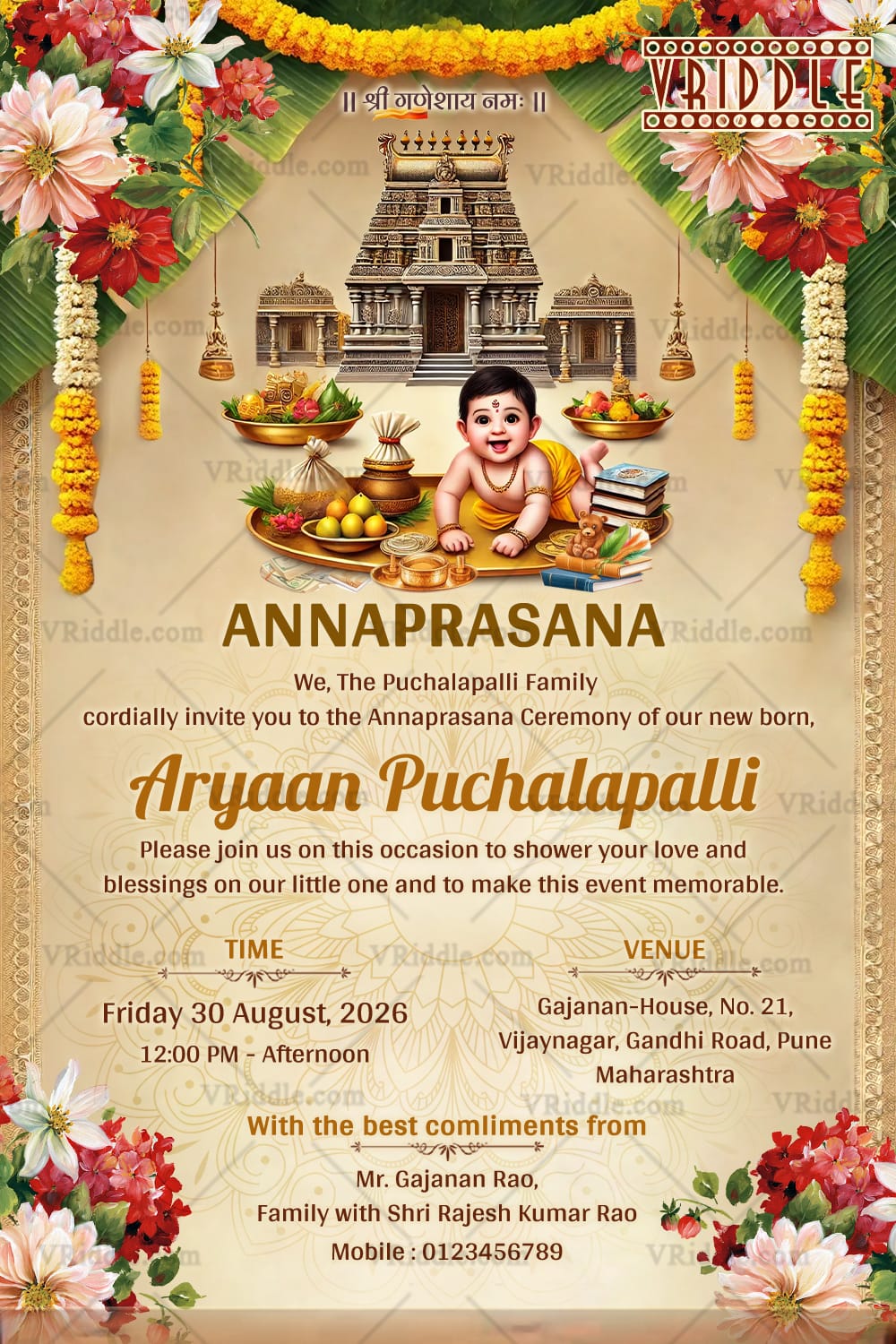 Traditional Annaprasana Invitation with Cute Baby Illustration, Temple Backdrop and Floral Decor