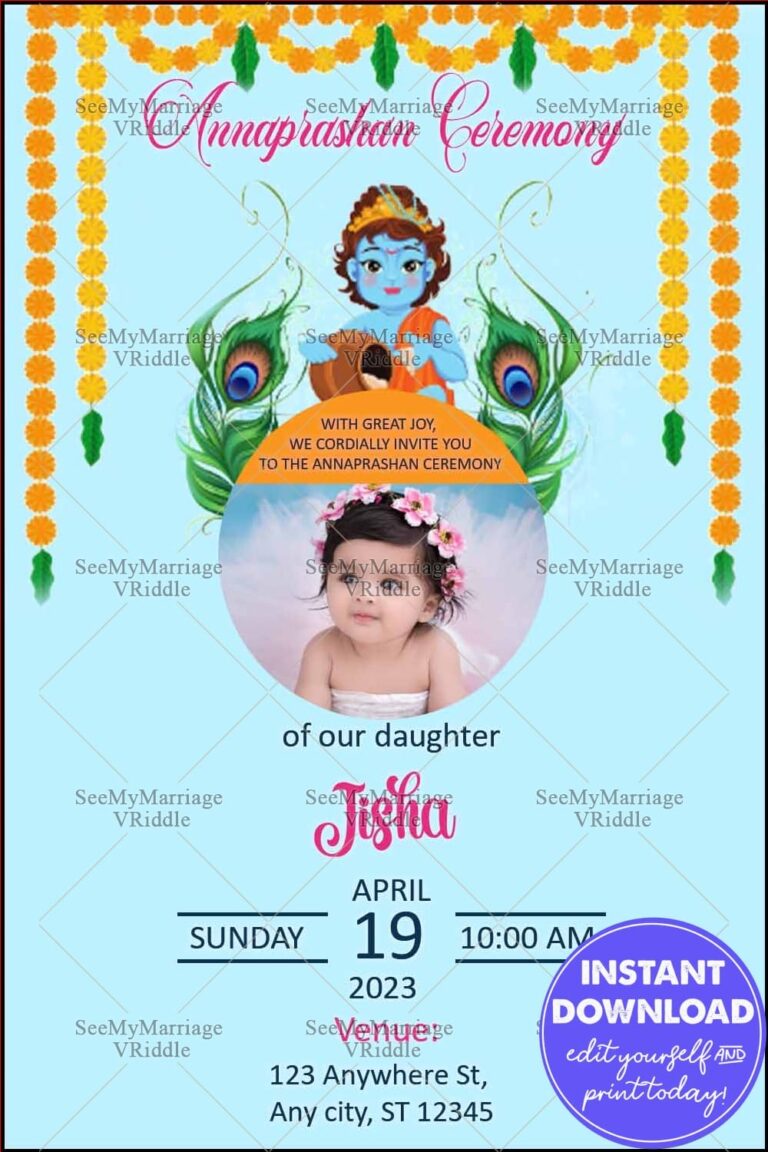 Traditional Annaprashan Invitation with Krishna Illustration, Peacock Feathers, and Floral Decorations