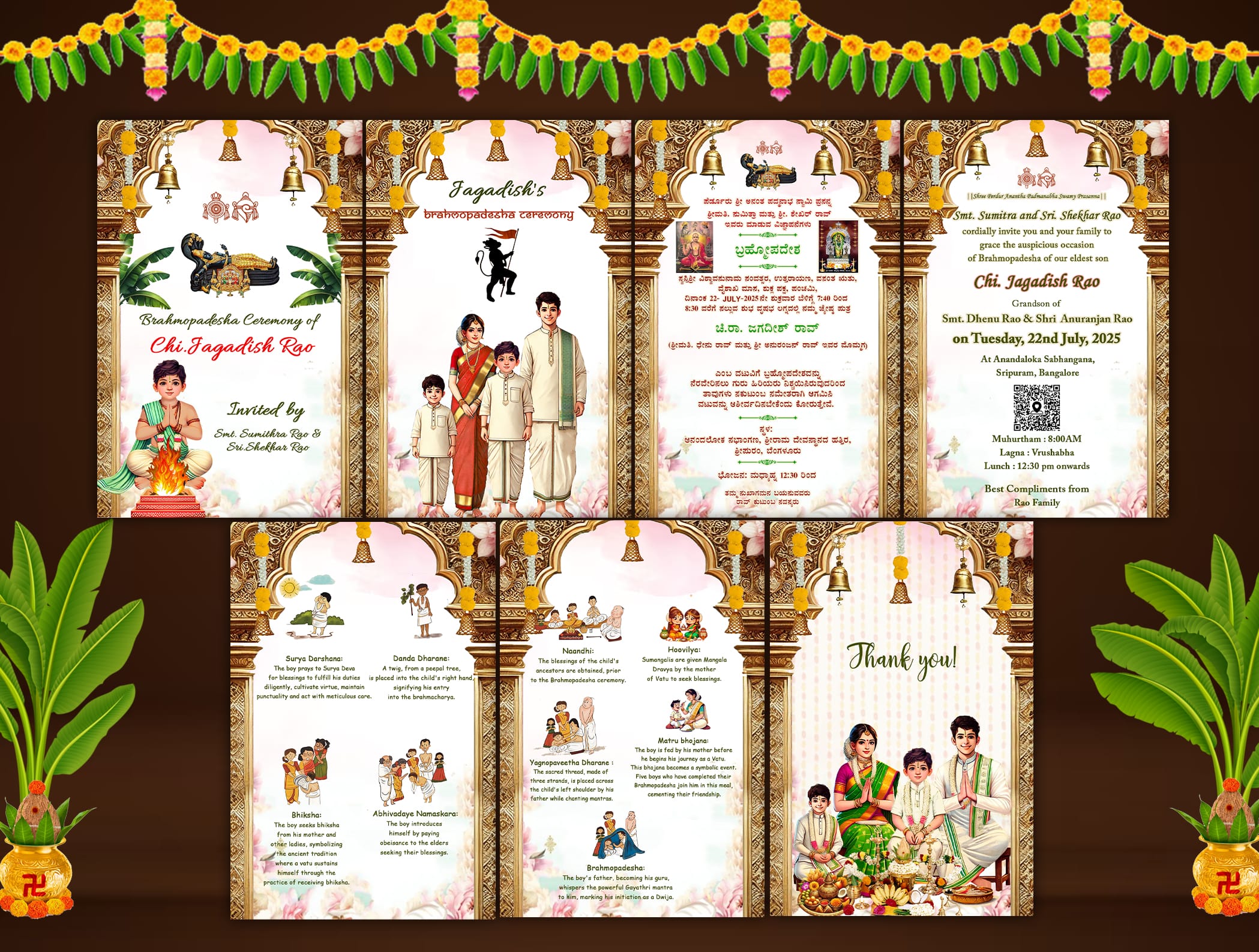 Traditional Brahmopadesha Invitation Card With Family Illustration, Ritual Explanation Design