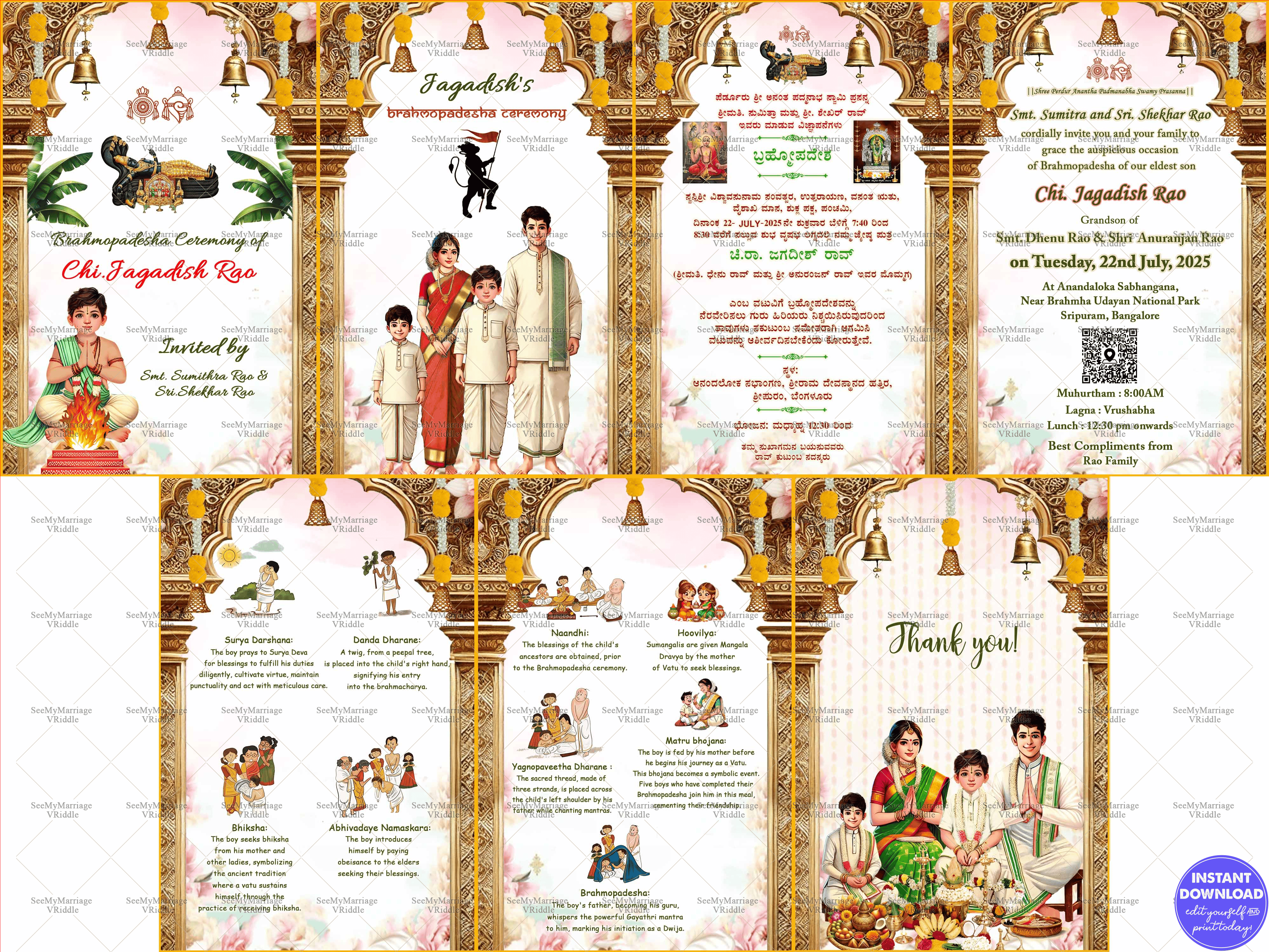 Traditional Brahmopadesha Invitation Card With Family Illustration, Ritual Explanation Design