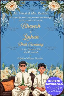 Traditional Dhoti Ceremony Invitation with Floral Decorations and Illustrated Boys on Blue Background