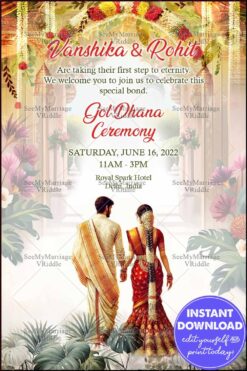 Traditional Gol Dhana Ceremony Invitation with Floral Elegance and Indian Couple Illustration