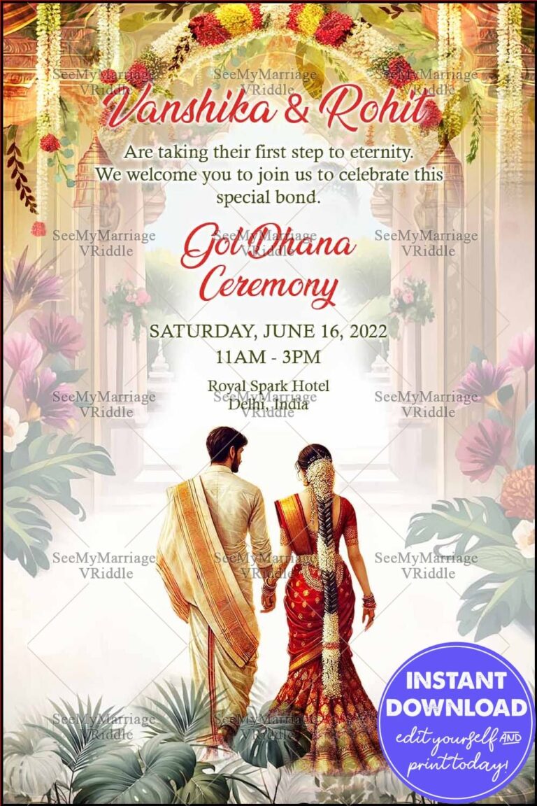 Traditional Gol Dhana Ceremony Invitation with Floral Elegance and Indian Couple Illustration